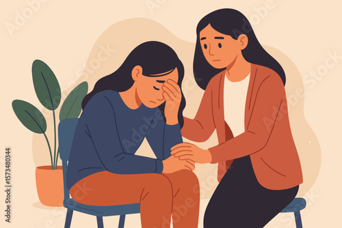 Compassion and support for person facing difficulty. Empathy, sympathy, and kindness concept. Woman comforting sad friend. Mental health, psychology and therapy vector.