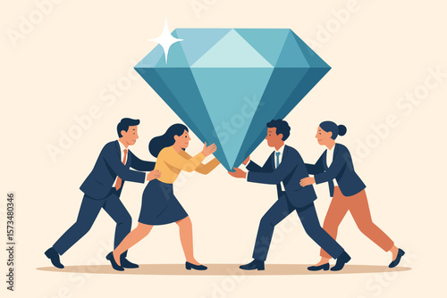 Core value proposition concept. Team of business people employees collaborating, carrying a big diamond. Company valuation, corporate worth, CLV, profit and teamwork metaphor.