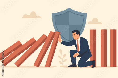 Businessman Controlling Investment Risk and Crisis, Preventing Domino Effect, Ensuring Protection and Solutions for Uncertainty, Insurance and Failure Prevention Concept