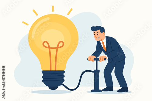 New idea, creativity, innovation for problem solving. Idea development, invention, imagination and motivation concept. Businessman pumping air into a glowing lightbulb.