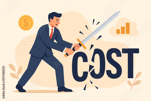 Cost saving idea and reduction concept. Financial optimization for business. Businessman cutting expenses with a sword. Metaphor for lowering spending to increase profit.