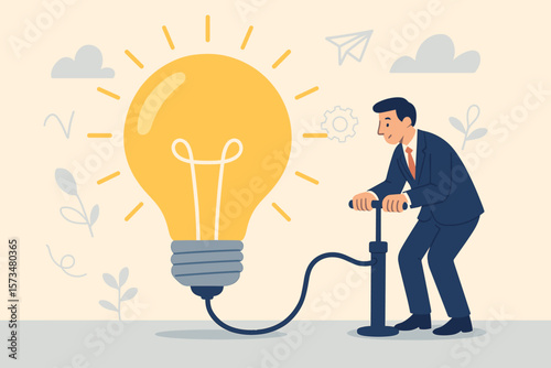 Businessman pumps up a lightbulb, a metaphor for creating new ideas. Creativity and innovation to solve problems. Idea development, invention, imagination and motivation.