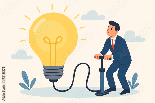 Create new idea metaphor. Creativity and innovation to solve a problem. Idea development or invention concept. Imagination and motivation to find a solution. Businessman pumps up a lightbulb.