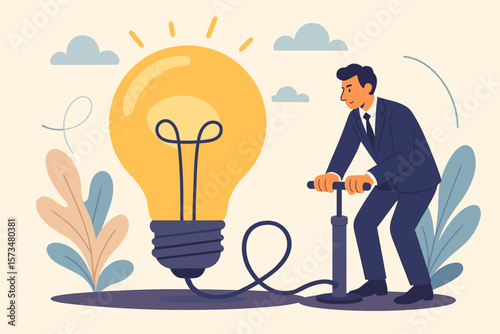 Businessman pumping a lightbulb. Create new idea. Creativity, innovation to solve a problem. Idea development or invention. Imagination, motivation to think about a solution.