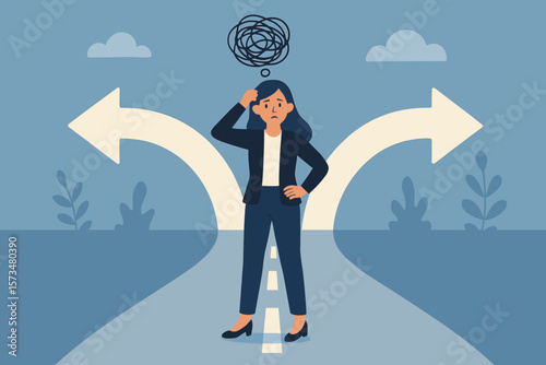 Decision choice confusion, doubt for opportunity. Challenge to choose career path. Way to success, tough decision. Problem solving concept. Woman at crossroads. Tangled thoughts.