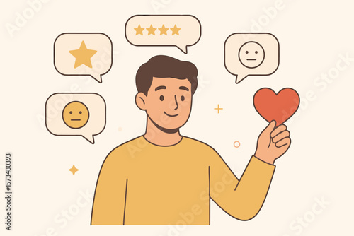 Customer feedback, review and service satisfaction concept. Man giving positive five star rating. User experience evaluation with emoticons. Client opinion and quality ranking.