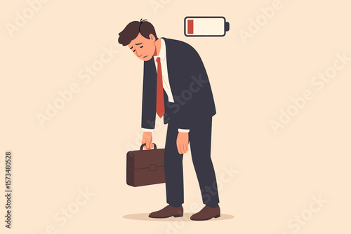 Burnout concept. Exhausted, tired businessman with low energy battery. Professional crisis from hard work. Stress, anxiety, depression. Emotional overload, mental health.