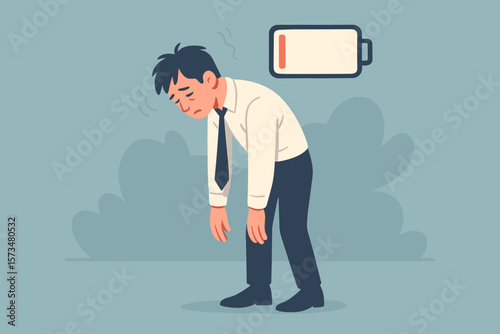 Professional burnout metaphor. Exhausted businessman with low energy battery. Fatigue from hard work, stress, anxiety, and depression concept. Overload, tired office worker.