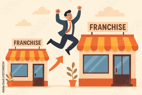 Business growth and franchise expansion. Successful entrepreneur jumps from small to a bigger store. Metaphor for scaling up a company, retail achievement, and new opportunity.