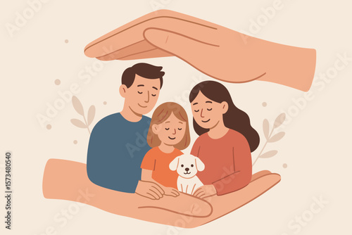 Family Protection, Life Insurance, Safety Concept, Parents and Child with Dog, Caring Hands, Security, Support, Parental Love, Pet Care, Family Bond, Safe Home, Trust, Togetherness