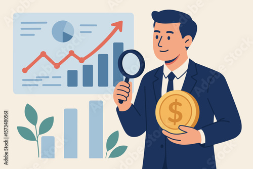 Businessman Investor Analyzing Financial Market Growth, Investment Earnings, Money Management, Stock Exchange Report, Economic Success, Profit Strategy, Coin Symbol