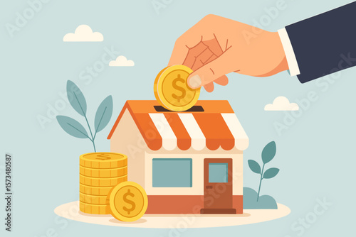 Small business funding investment concept. Businessman hand putting coin in shop bank. Startup financing, banking loan, savings, entrepreneurship, retail store support illustration