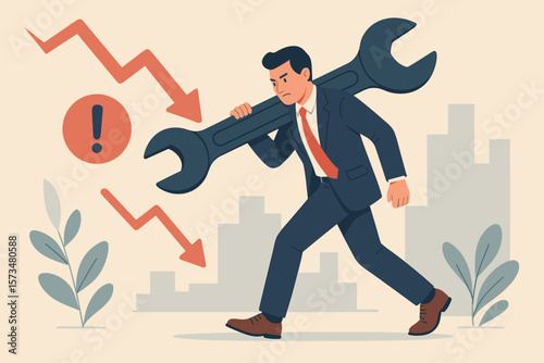 Business crisis management concept. Businessman in suit carrying giant wrench fixing problem. Financial downturn, falling graph, exclamation mark. Solution, repair, risk, recovery