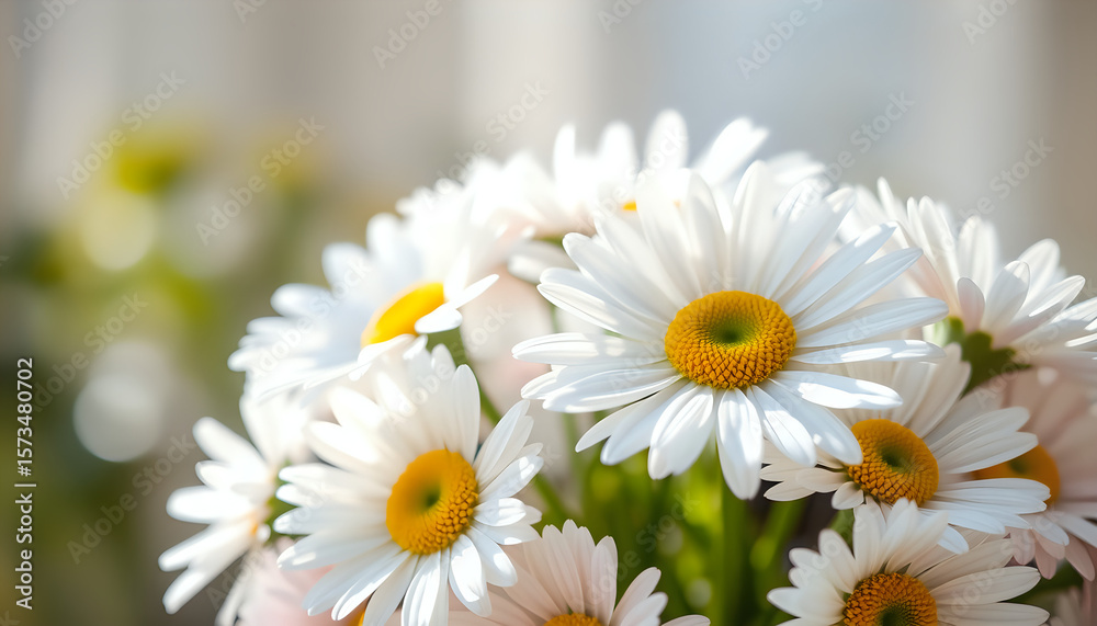 Obraz premium Fresh daisy bouquet bathed in soft sunlight, showcasing delicate pastel petals.