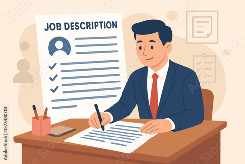 Job description qualifications requirements for employment. Business employer writing job scope duties responsibilities. Recruitment hiring process HR document concept office desk