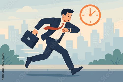Businessman rushing late to work, running fast with briefcase, checking watch, deadline pressure, urgency, stress, busy city job, time management, office challenge, hurry concept