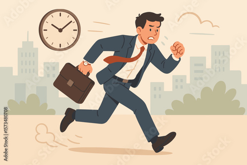 Businessman running late to work, rushing with briefcase, urgency, deadline pressure, stressful busy job, time management challenge, city office background, corporate stress concept