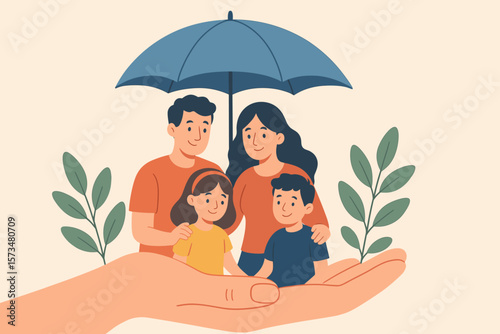 Life insurance family protection concept, financial security for parents and children, supportive hand holding happy family under umbrella, risk coverage, care, safety, love
