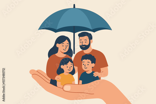 Family insurance protection concept. Caring hand holding parents and children under umbrella. Financial security, risk coverage, safety, support, happy family, health insurance illustration