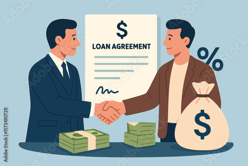 Business Loan Agreement, Borrow Money from Bank, Mortgage Debt, Financial Support, Interest Rate, Personal Loan, Obligation to Repay, Businessmen Shaking Hands Illustration