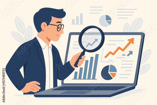 Business data analysis, market research, financial report review, SEO analytics, profit and earnings growth, businessman analyst with magnifying glass, statistics, charts, graphs