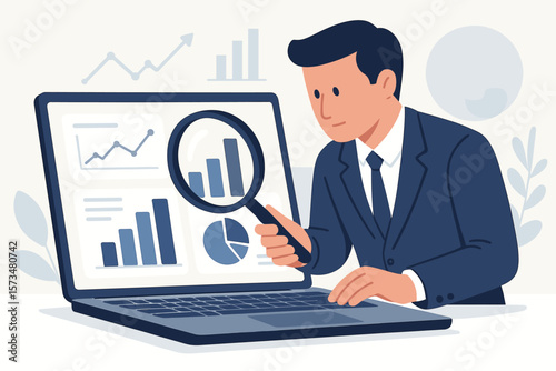 Market research data analysis. Business data financial report. SEO analytics, profit and earning concept. Businessman analyst with magnifying glass analyzing charts on laptop.