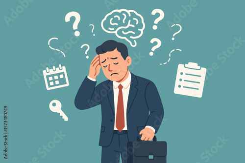 Memory loss, confusion, forgetfulness, dementia, cognitive decline, mental health, confused businessman, brain disorder, trouble remembering, stress, workplace problem, task management
