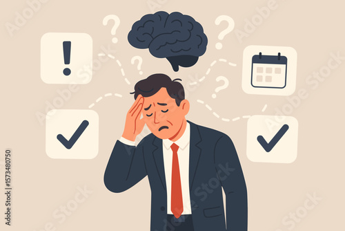 Memory loss confusion concept. Forgetting tasks, dementia, cognitive disorder, mental overload. Stressed businessman with brain fog, question marks, checklist, calendar, exclamation mark.