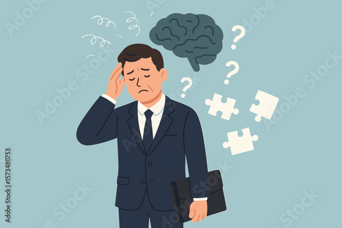 Memory loss confusion dementia concept. Businessman forgets tasks. Cognitive disorder, brain fog, mental health issue, confusion, puzzle pieces, question marks, stress at work