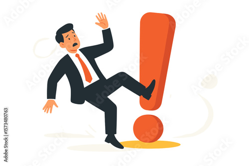 Mistake caution, business risk or problem warning. Failure prevention or avoid danger concept. Cautious businessman character slip falling on big exclamation mark symbol.