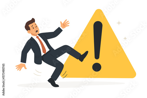 Businessman slipping on warning sign exclamation mark. Risk management, caution, danger, mistake, failure prevention, workplace accident, business problem, hazard alert concept