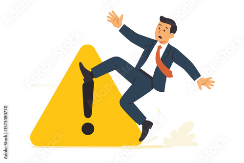 Businessman slipping on warning sign exclamation mark. Risk management, danger caution, workplace accident, mistake prevention, business hazard, failure avoidance, safety alert concept