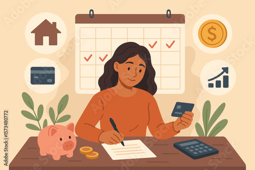 Smart woman managing monthly budget, paying bills, planning mortgage, debt, savings, investment, money management, credit card payment, financial planning at home