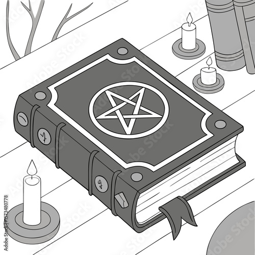 Isometric view of a spellbook with a pentagram symbol surrounded by candles and books on a wooden surface