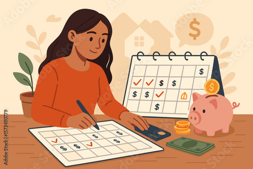Smart woman planning her monthly budget and expenses. Concept for paying bills, mortgage, debt, and saving for investment. Money management and financial literacy concept.