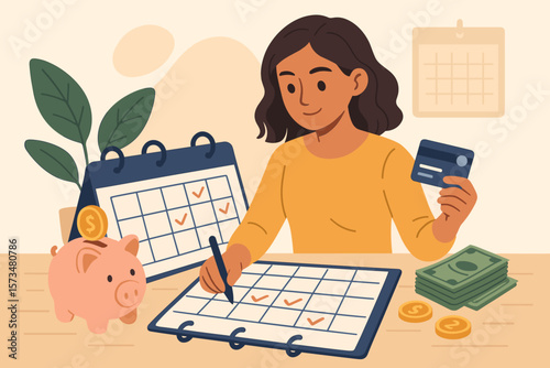 Financial planning, monthly budget management, expense tracking, bill payment, savings strategy, investment planning, debt reduction, credit card use, smart woman organizing finances