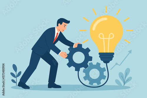 Project initiation and management vector concept. Businessman turns gears to power a lightbulb. Metaphor for innovation, strategy, creative idea implementation and business growth.