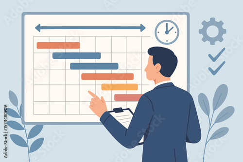 Businessman Project Manager Reviewing Gantt Chart Timeline, Scheduling Resources, Planning Tasks, Managing Workflow, Setting Deadlines, Development Plan, Product Launch Concept
