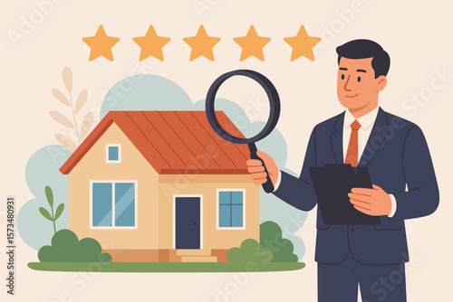 Real estate appraisal and property valuation concept. Businessman appraiser with magnifier evaluating residential house, market value assessment, five star rating, housing review