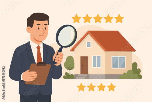 Real estate appraisal and property evaluation concept. Businessman appraiser with clipboard and magnifier inspecting house, rating residential market value, home assessment review.