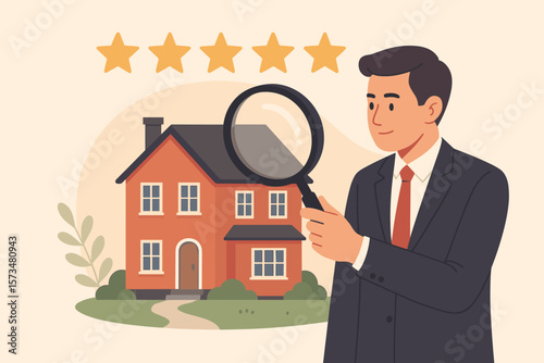 Real estate property appraisal and price evaluation, housing assessment for market value, residential sale rating, realtor or appraiser with magnifier, five star review concept