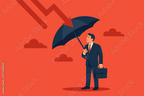 Businessman Holding Umbrella Protecting Against Market Crash, Economic Crisis, Downturn, Financial Risk, Resilience, Insurance, Defense, Surviving Recession, Stock Loss Concept