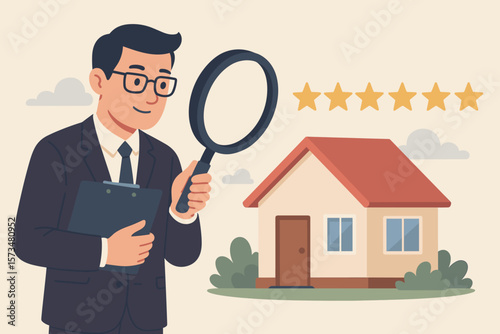 Property appraisal and price evaluation. Housing assessment for market value. Residential sale and real estate review concept. Businessman appraiser with magnifying glass.