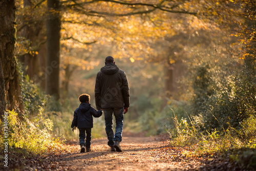 Father and Son Walking in Autumn Forest