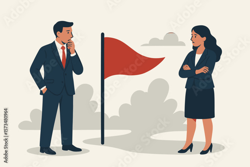 Business red flag warning concept, risk alert, caution in workplace, economic disaster, advice, threat detection, corporate notice, thoughtful businessman and businesswoman