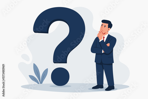 Businessman Contemplating Decision Making, Problem Solving, Critical Thinking, Uncertainty, Question Mark Symbol, Corporate Challenge, Business Strategy, Leadership Concept