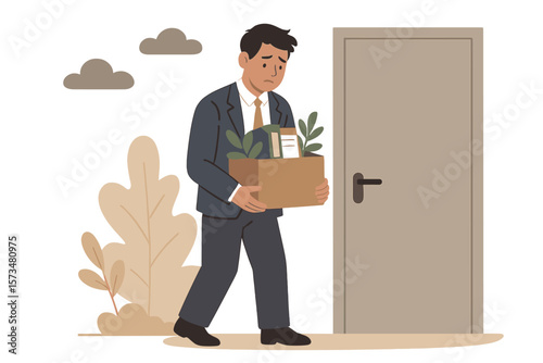 Sad businessman leaving office with box of personal things. Concept of job loss, resignation, dismissal, unemployment, layoff. Fired employee, career change crisis vector.