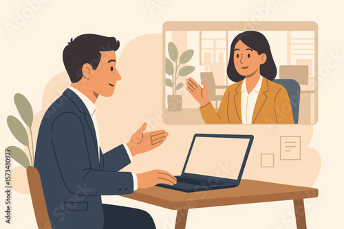 Business video conference meeting, remote teamwork communication, online collaboration, virtual office discussion, man and woman telecommuting, digital workplace concept