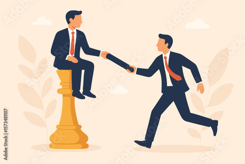 Succession planning metaphor. Businessman manager passing baton to employee. Mentorship, work delegation, responsibility and authority. Leadership change on a chess king piece.