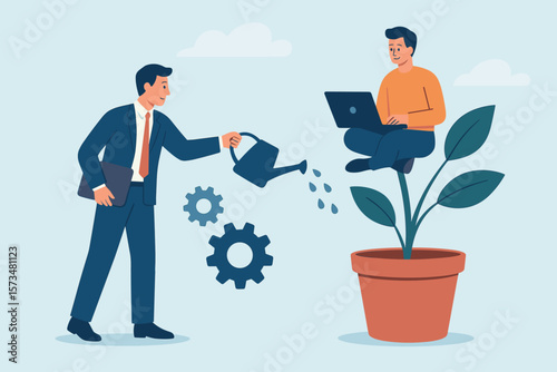 Talent development and career growth concept. Manager coaching and training staff to develop skills. Employee improvement and human resources metaphor with man watering plant.
